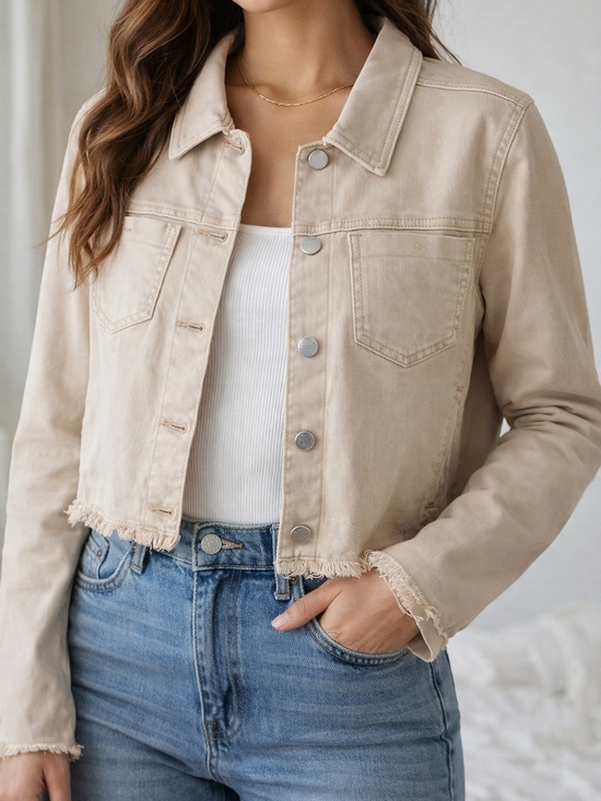 FDJ Jackets & Blazers - FDJ Cropped Denim Jacket M Beige Frayed Hem Stretch Button Front Casual Chic